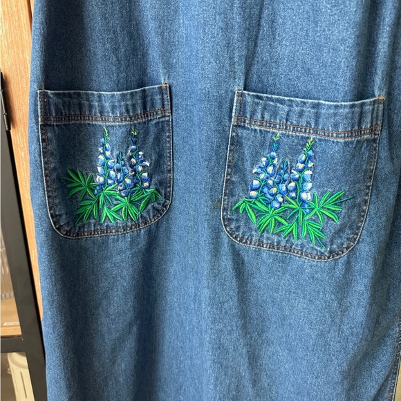 Vintage 90s Casey Coleman Bluebonnet Embroidered Denim Jumper Dress midi overall - Picture 3 of 11